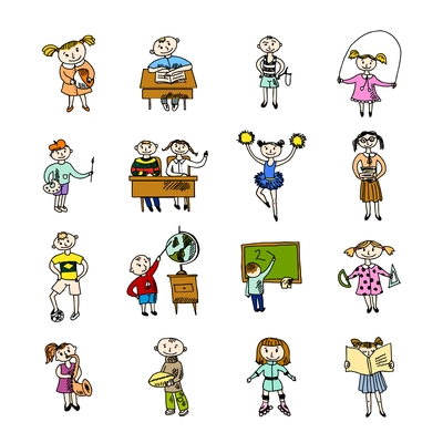 Reading learning cheerleading and playing football school kids with backpack doodle sketch vector illustration