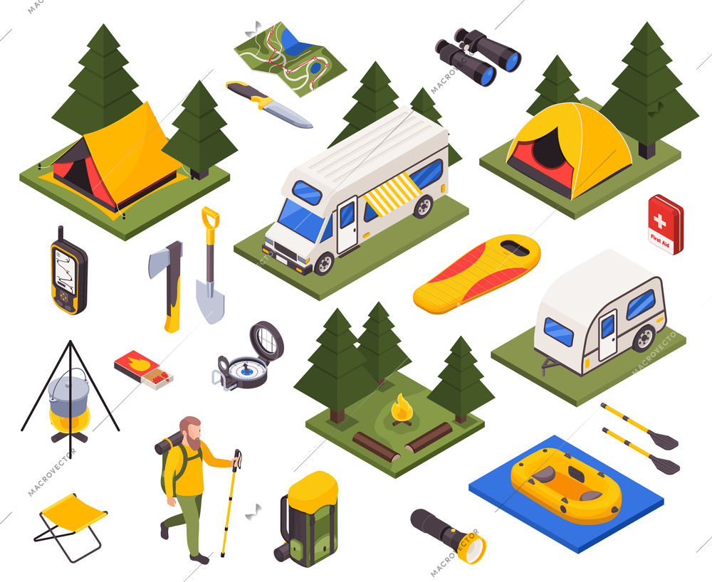 Camping hiking touristic isometric set with isolated images on blank background with vans tents and outfit vector illustration