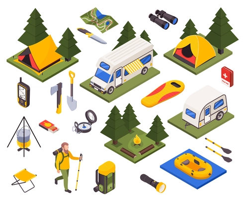 Camping hiking touristic isometric set with isolated images on blank background with vans tents and outfit vector illustration