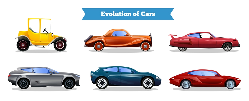 Evolution of cars set with colorful vintage and modern automobiles isolated on white background flat vector illustration