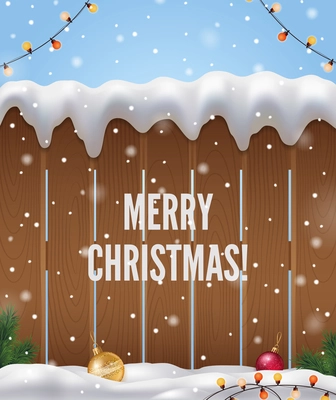 Merry Christmas realistic background with Christmas tree fence and snow vector illustration