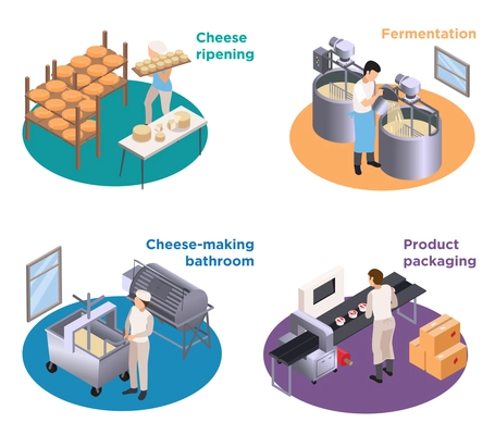 Dairy production concept 4 round isometric compositions with cheese making coagulation fermentation ripening packaging isolated vector illustration