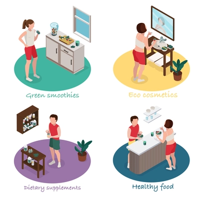 Spirulina isometric 4x1 set of compositions with editable text and people using cyanobacteria containing products vector illustration