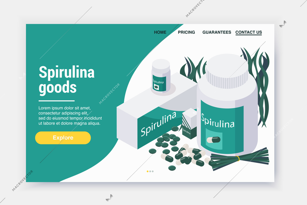 Spirulina isometric landing page web site design with images of sea weed pills and clickable links vector illustration