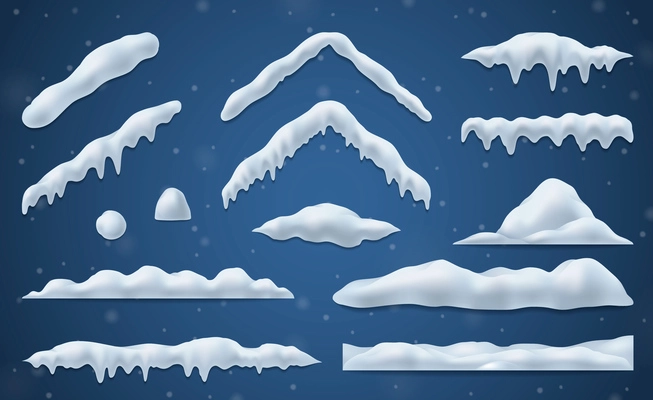 Snow caps and snowballs realistic set on blue background isolated vector illustration