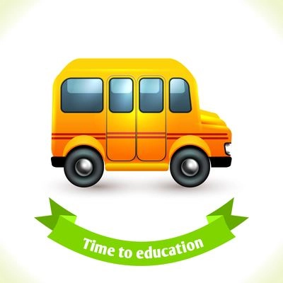 Realistic school education bus icon with ribbon banner isolated on white background vector illustration