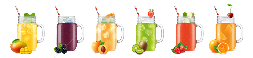 Set of isolated realistic jar images with smoothie cocktails fruit slices and straws on blank background vector illustration