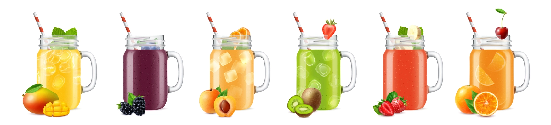 Set of isolated realistic jar images with smoothie cocktails fruit slices and straws on blank background vector illustration