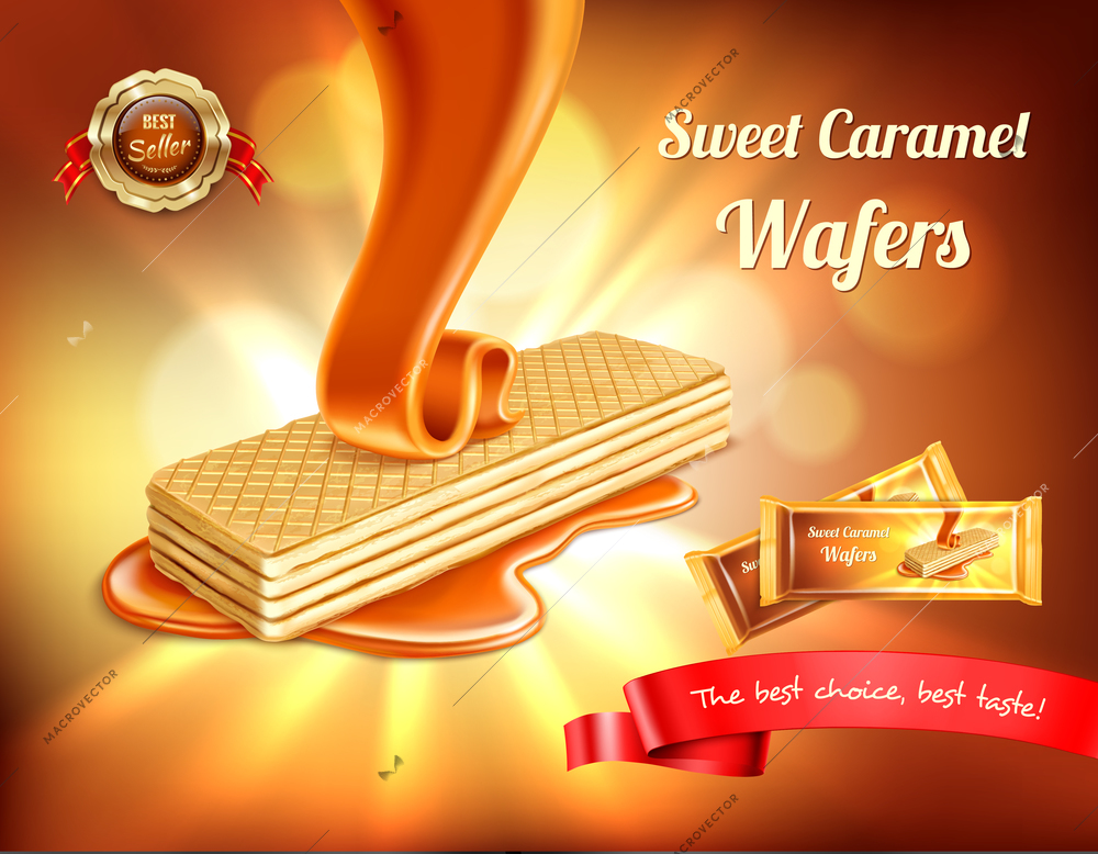 Wafer realistic advertisement background with blurs lights and pouring caramel with editable text and pack shot vector illustration