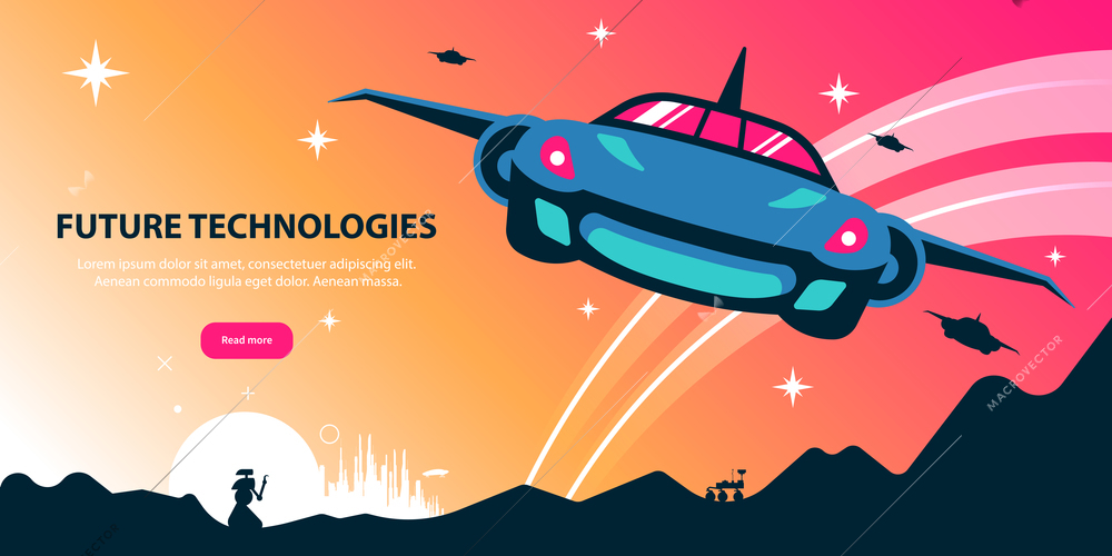 Future technologies colorful horizontal poster  illustrated fantastic vehicle for air tourism vector illustration