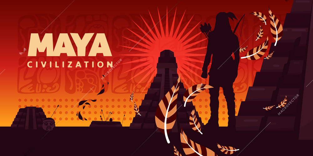 Maya civilization horizontal vector illustration with silhouette of indian looking at at kukulkan pyramid on sunrise background