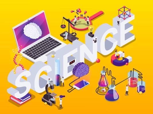 Science isometric composition with 3d text surrounded by laboratory equipment human brains and laptop with people vector illustration