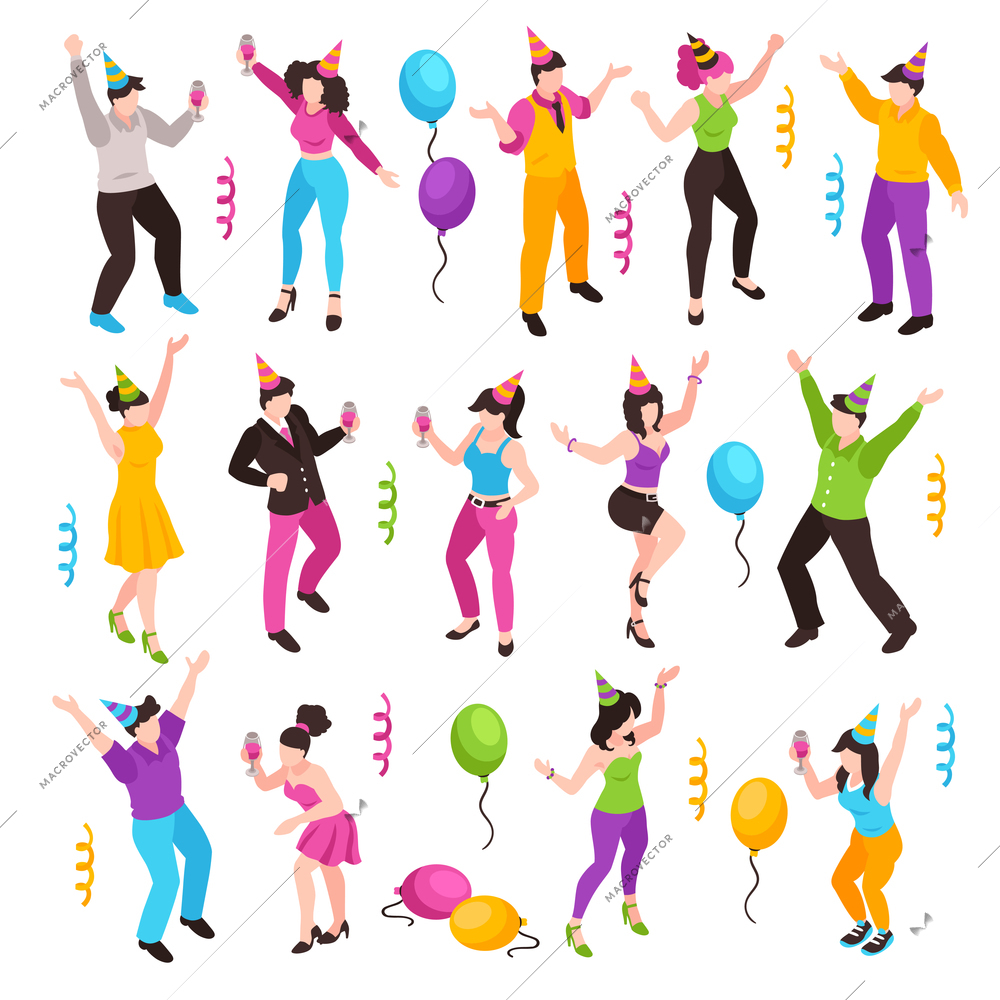 Set with isolated characters of isometric celebrating people serpentine strips and colourful balloons on blank background vector illustration