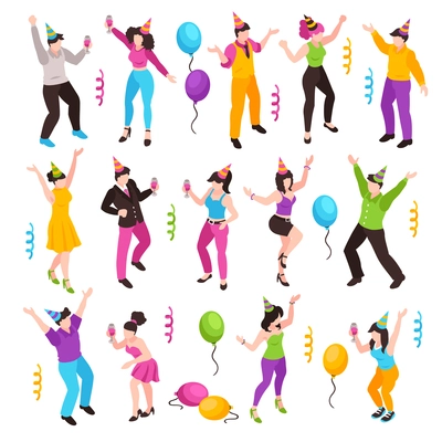 Set with isolated characters of isometric celebrating people serpentine strips and colourful balloons on blank background vector illustration