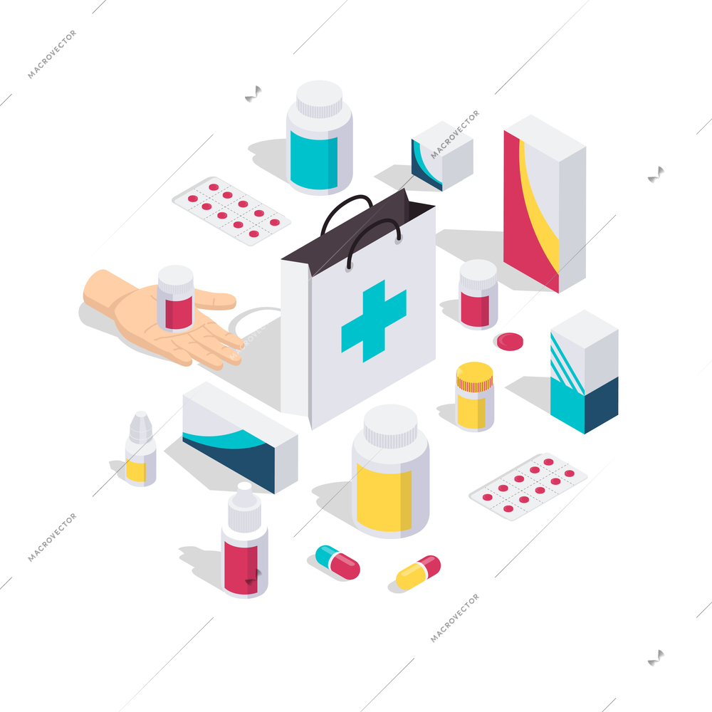 Pharmacy isometric design concept with packing of drugs vitamin pills colored isolated icons on white background vector illustration