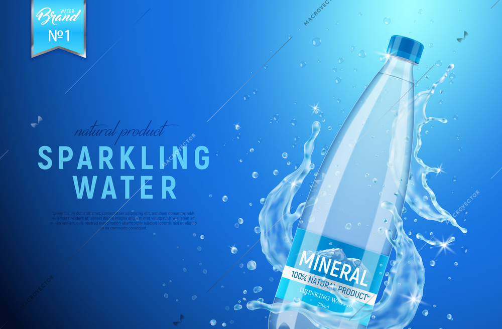 Realistic mineral water poster ad composition with water spray and branded bottle packaging with editable text vector illustration