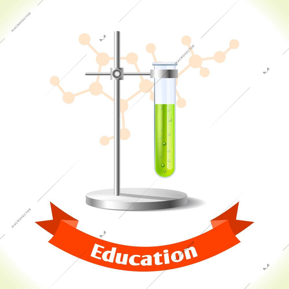 Realistic school education test tube icon with ribbon banner isolated on white background vector illustration