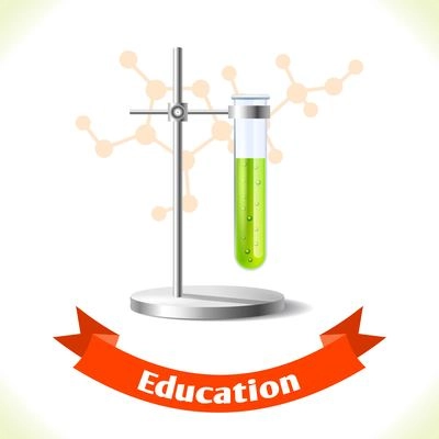 Realistic school education test tube icon with ribbon banner isolated on white background vector illustration