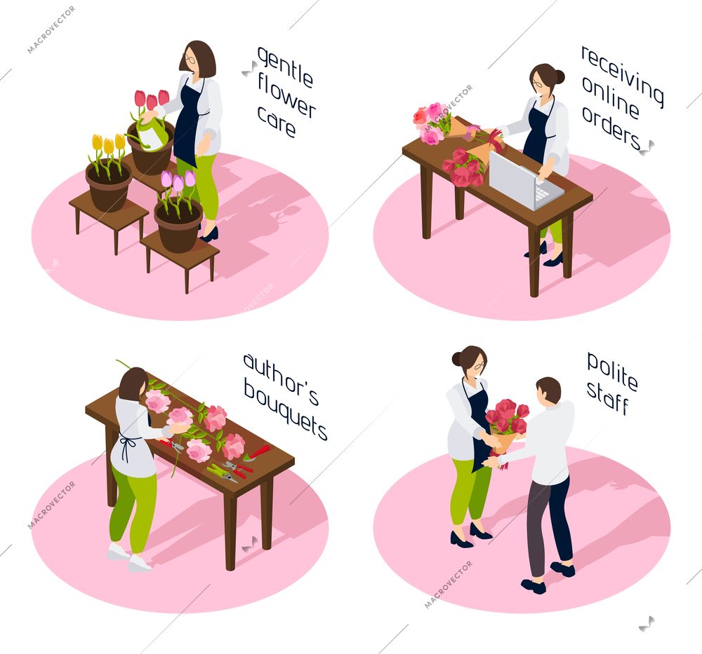 Flower shop 2x2 design concept set of gentle care receiving online orders polite staff author bouquets isometric icons vector illustration