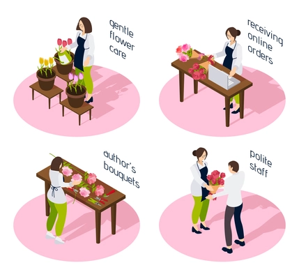 Flower shop 2x2 design concept set of gentle care receiving online orders polite staff author bouquets isometric icons vector illustration