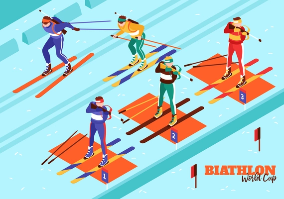 Winter sport biathlon competition isometric composition with cross country skiing and rifle shooting contestants background vector illustration