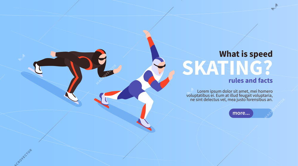 Speed skating winter sport isometric landing page horizontal background web banner with two skates race vector illustration