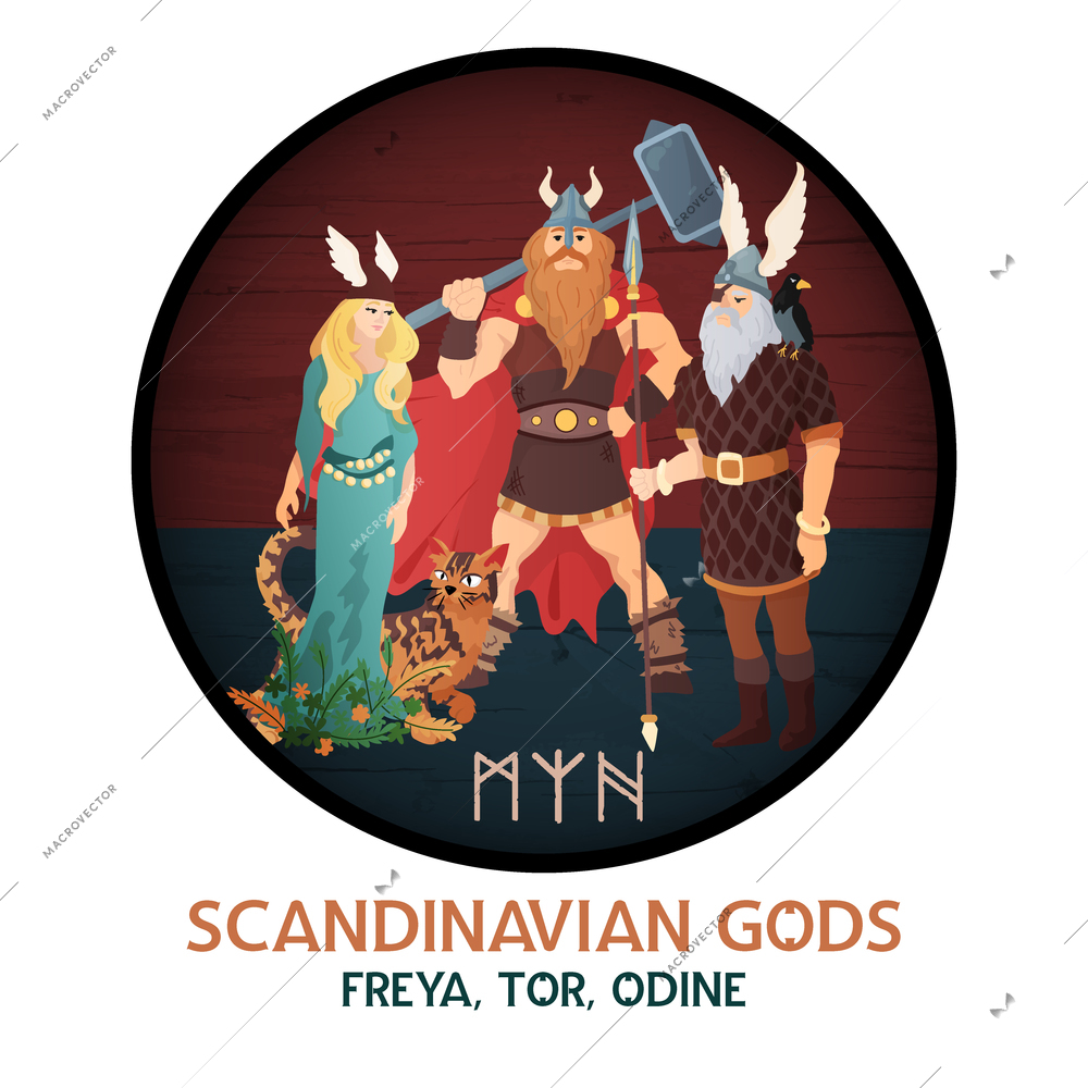 Viking gods composition of circle image with ancient scandinavian characters and editable text with norsk rune vector illustration