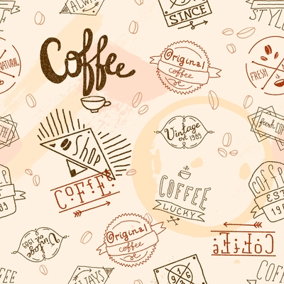 Vintage retro coffee stamp seamless pattern for cafe restaurant wallpaper design vector illustration