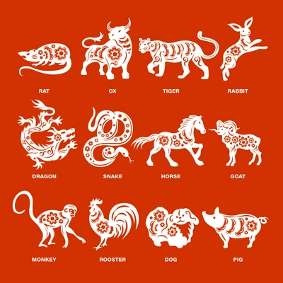 Chinese zodiac signs of sacred animals cutting white paper set on red background with description isolated vector illustration