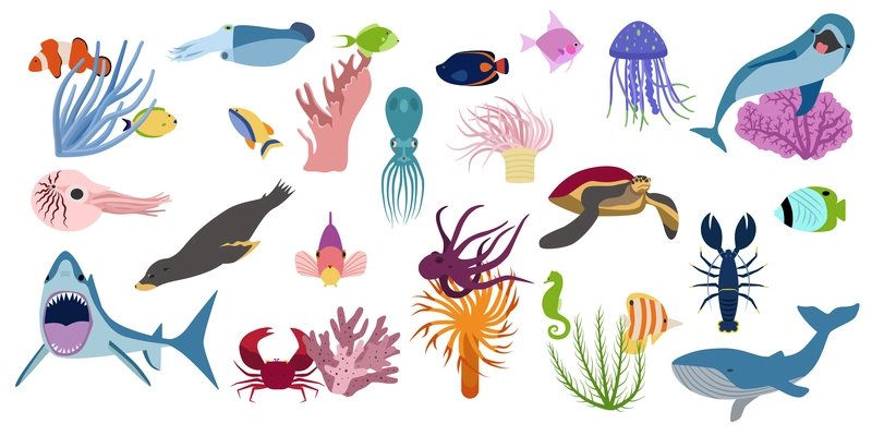 Underwater set with isolated flat cartoon style images of deep-sea fishes shellfish turtles and jellyfishes vector illustration
