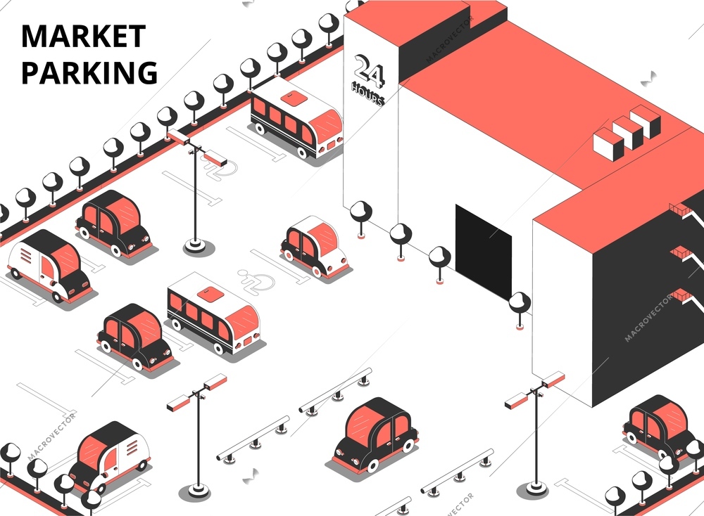 Market parking isometric composition with text and outdoor view of supermarket building and adjacent parking area vector illustration