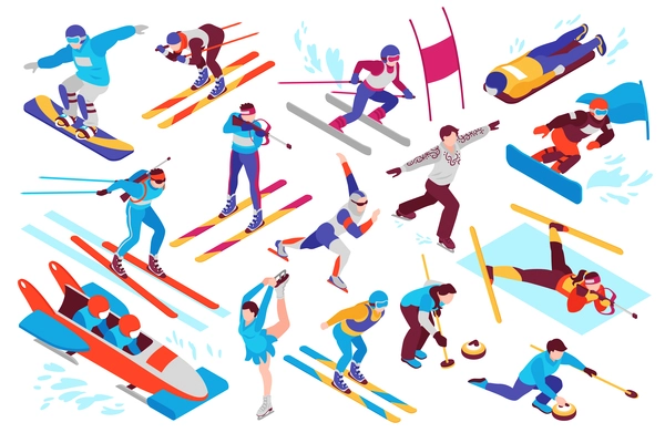 Winter sport isometric set with snowboarding alpine skiing biathlon curling figure skating bobsled isolated vector illustration