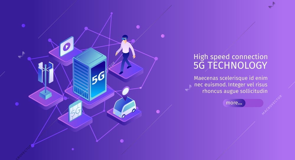 Isometric 5g internet horizontal banner with molecule shaped images of network elements with text and button vector illustration