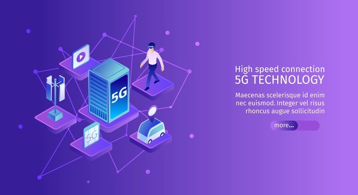 Isometric 5g internet horizontal banner with molecule shaped images of network elements with text and button vector illustration