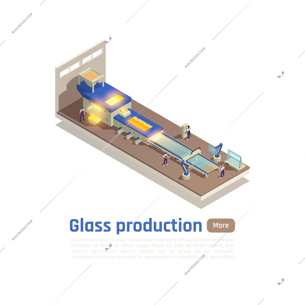 Flat glass sheets production line isometric composition with furnace floating molted glass on metal bed vector illustration