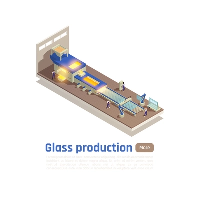 Flat glass sheets production line isometric composition with furnace floating molted glass on metal bed vector illustration