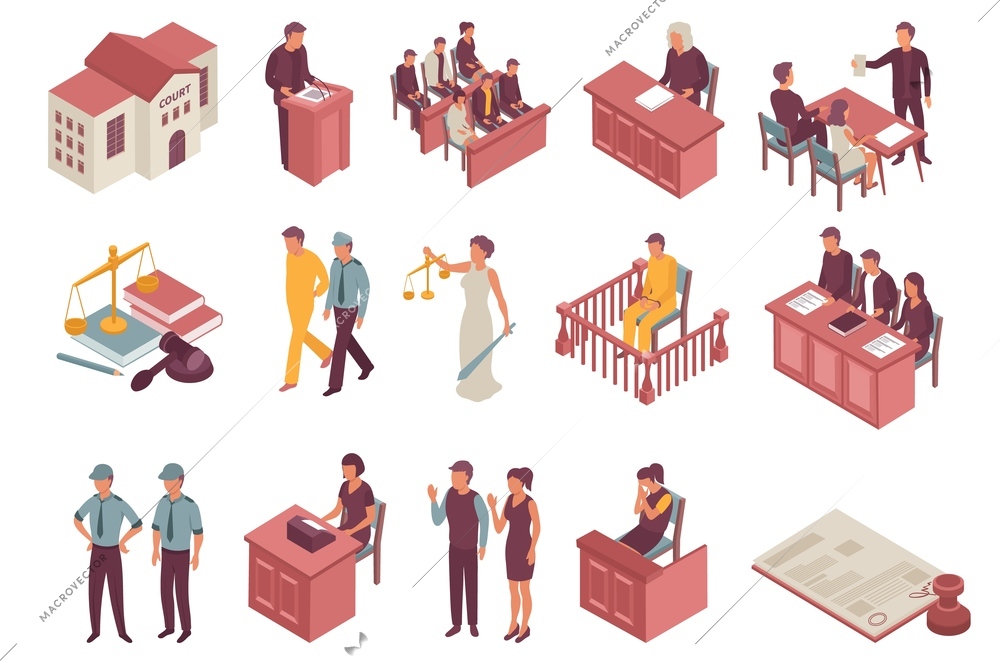 Justice isometric icons set of jury defendant advocate witness policemen spectators characters isolated vector illustration