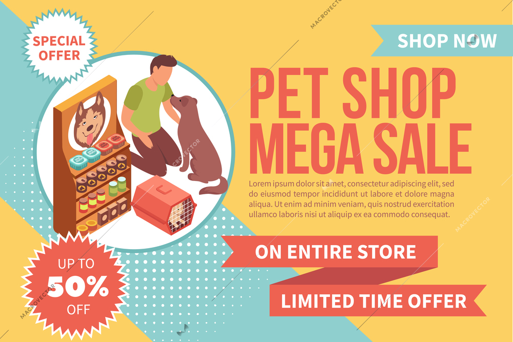 Sale banner pet shop isometric background with man feeding dog near dog food rack with text vector illustration