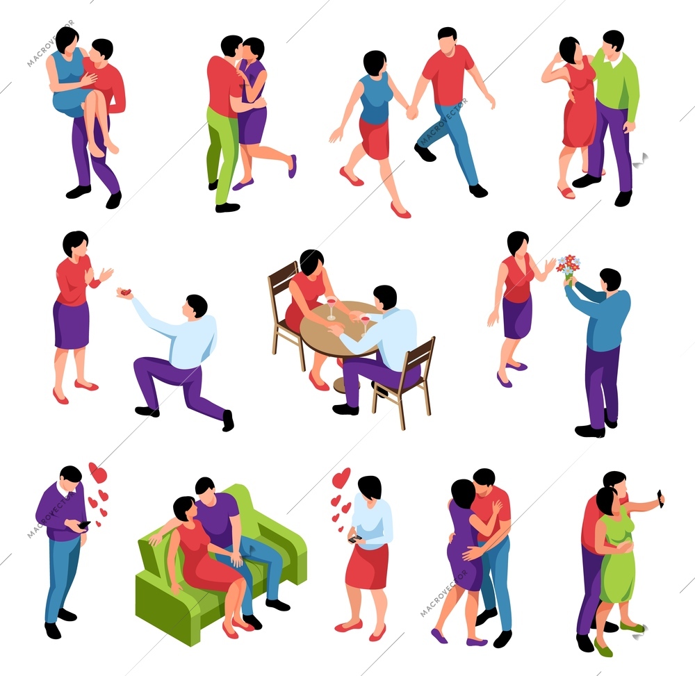 Couple in love isometric icons set with dating hugging kissing messaging hearts proposing dining together vector illustration