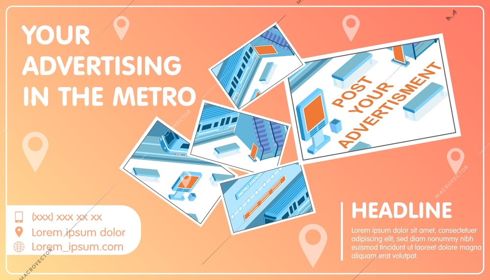 Advertising in metro collage with headline and location symbols isometric vector illustration