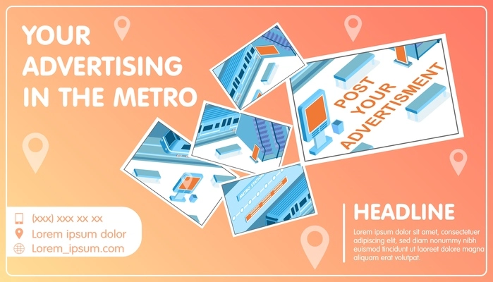 Advertising in metro collage with headline and location symbols isometric vector illustration