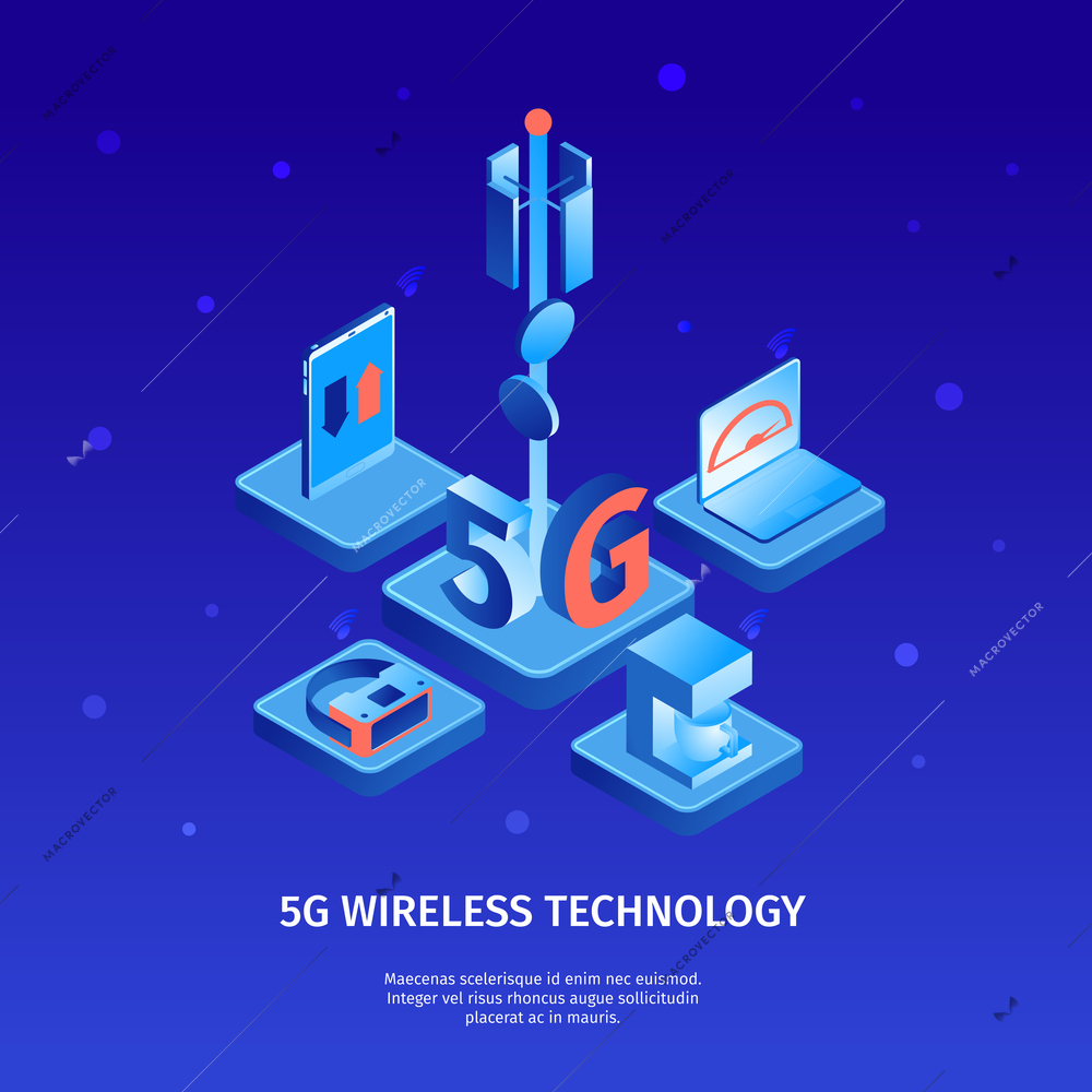 Isometric 5g internet color background with images of telecommunication tower and electronic devices with editable text vector illustration