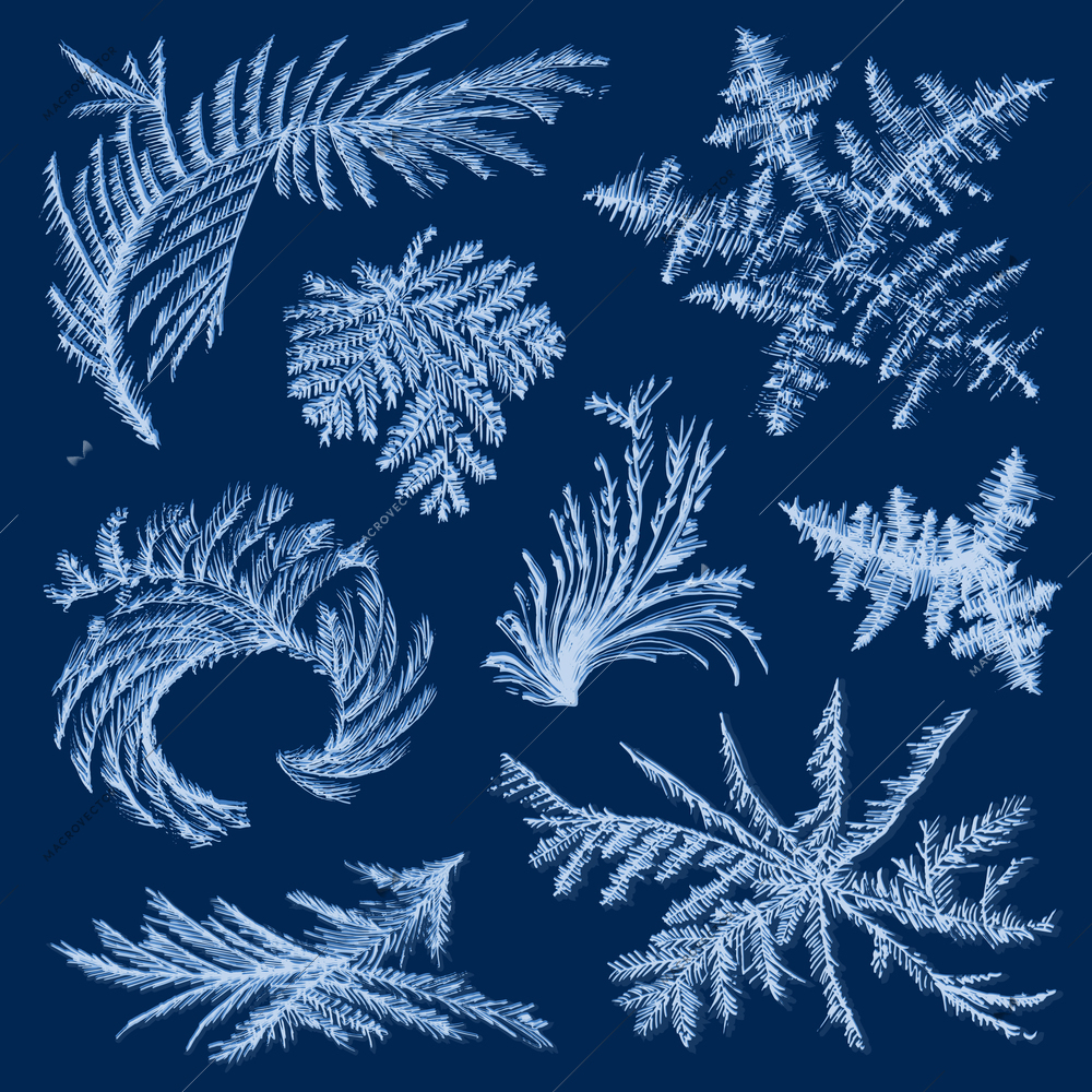 Realistic hoarfrost frost ice set with isolated images of winter glass paintings of various shape vector illustration