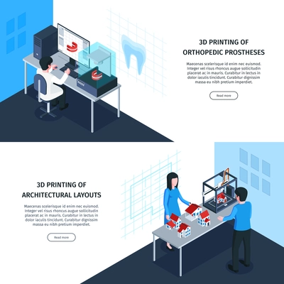 Isometric 3d printing banners with clickable buttons editable text and images of medical and architectural applications vector illustration