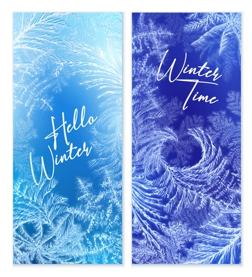 Frost window vertical banners set with winter symbols realistic isolated vector illustration