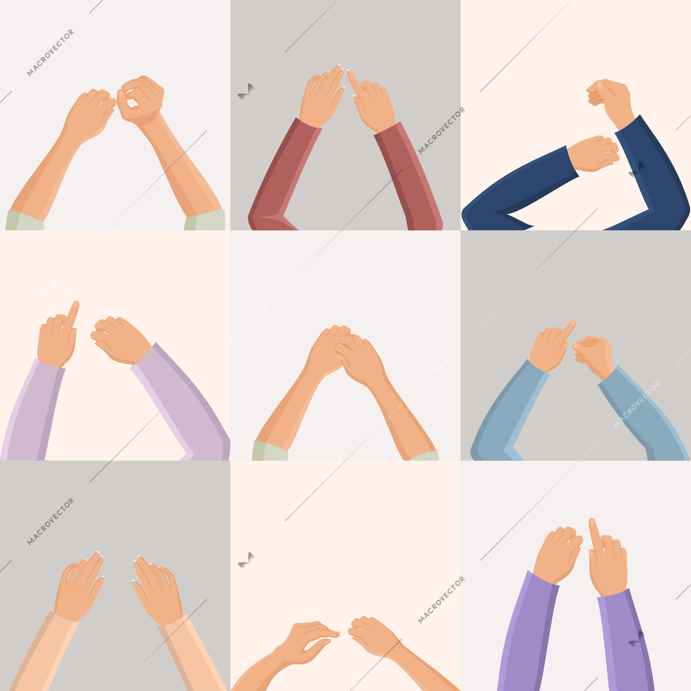 Set of pair of female male hands icons in flat style on squares vector illustration