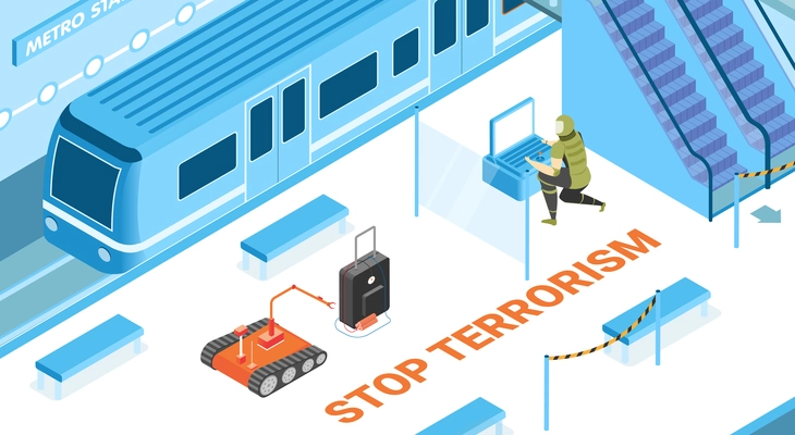 Stop terrorism background with underground security symbols isometric vector illustration