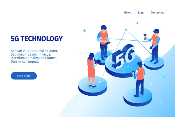 Isometric 5g internet horizontal banner with white background and clickable website links with text and people vector illustration