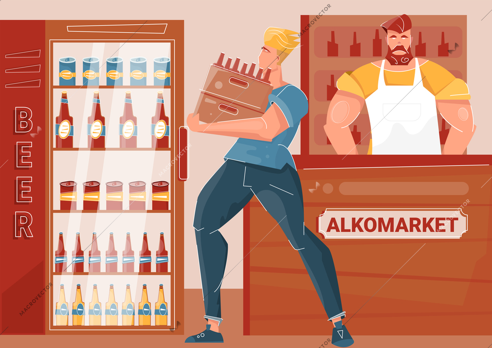 Courier bringing bottles of beer in alcohol market flat vector illustration