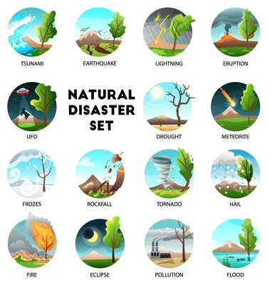 Natural disaster collection of round compositions with text captions and forces of nature in outdoor landscapes vector illustration